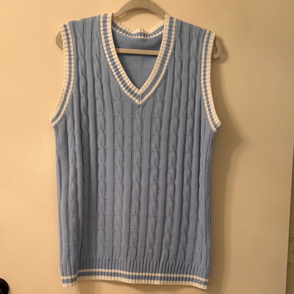 V-Neck Light Blue Cable Knit Sweater Vest